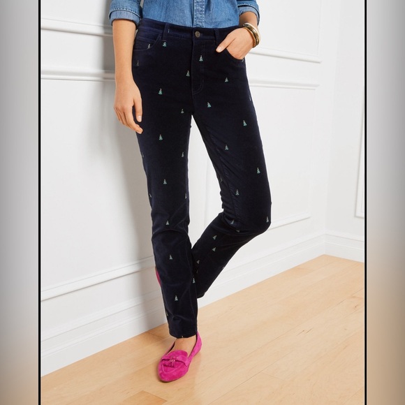 TALBOTS BLUE VELVETEEN STRAIGHT LEG PANTS - CHRISTMAS TREE CRITTERS 14W - Picture 1 of 5